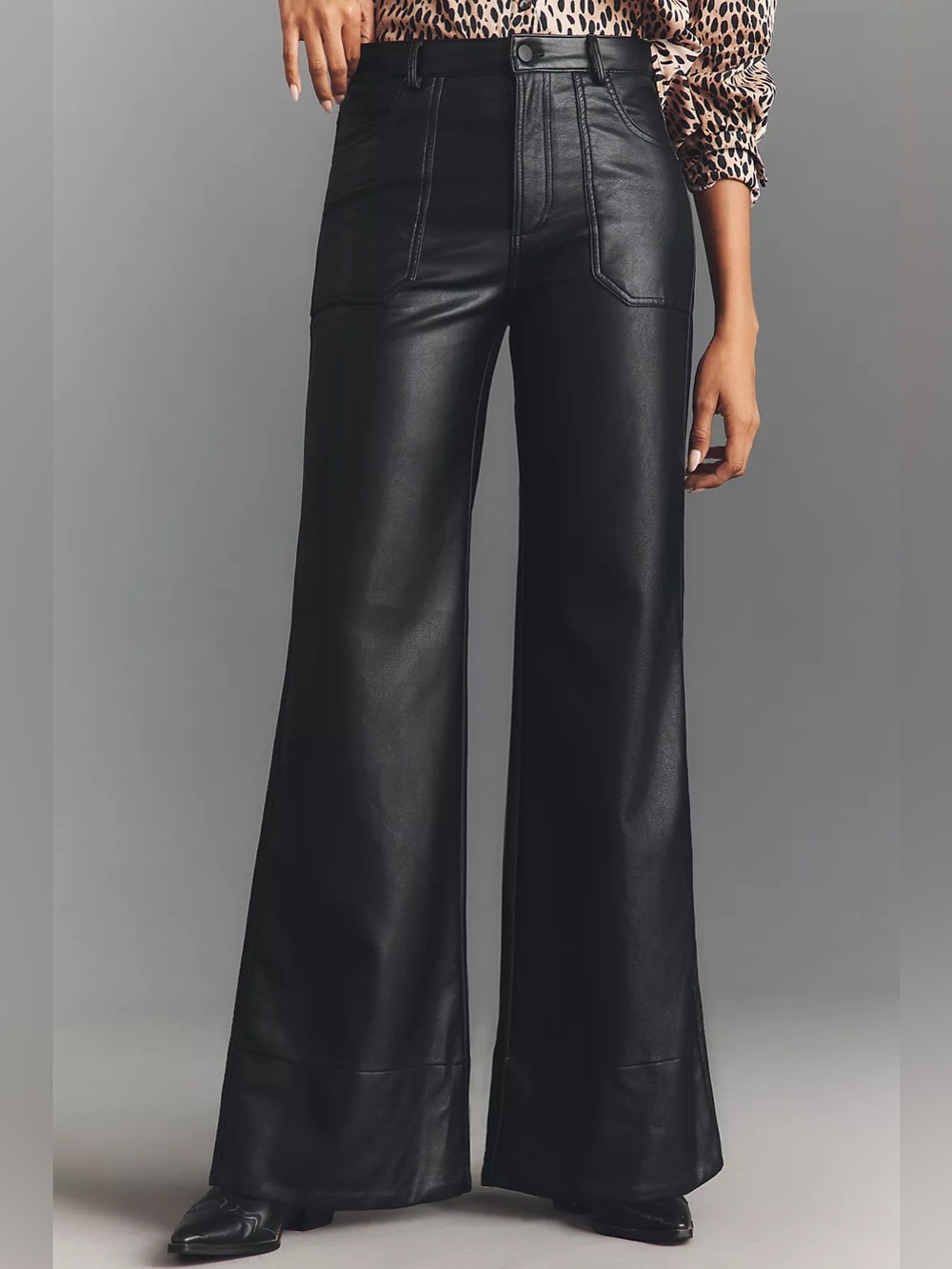 NWT Anthropologie Pilcro Rylan Faux Leather Flare Wide Leg Pants Black Size 31 - Picture 3 of 11